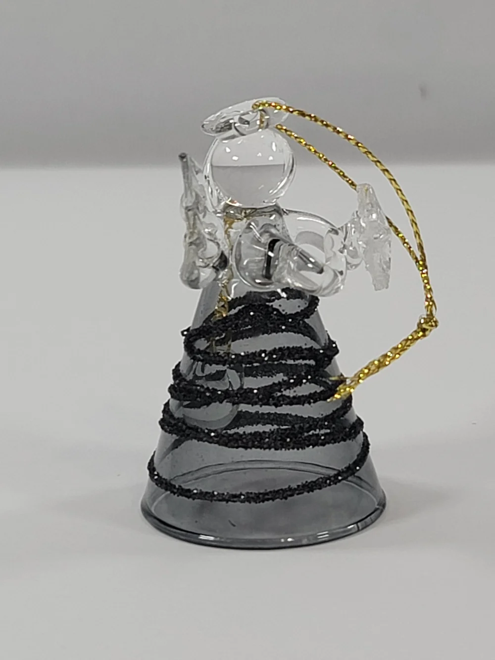 Glass Angel Bell Miniature Black Glitter Spiral Ornament